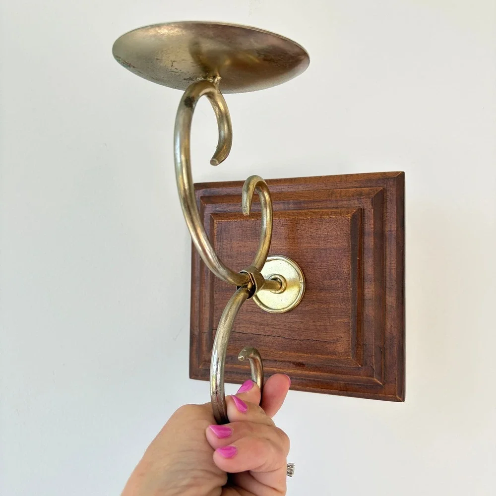 Vintage Wood and Brass Wall Sconce Pillar Candle Holder Scroll Design 6in Plaque